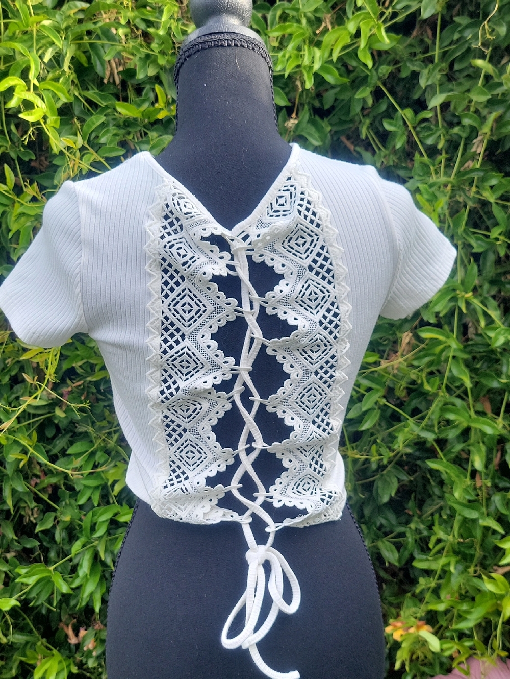 Ribbed White Crop Top With Open Lace Tie Back S